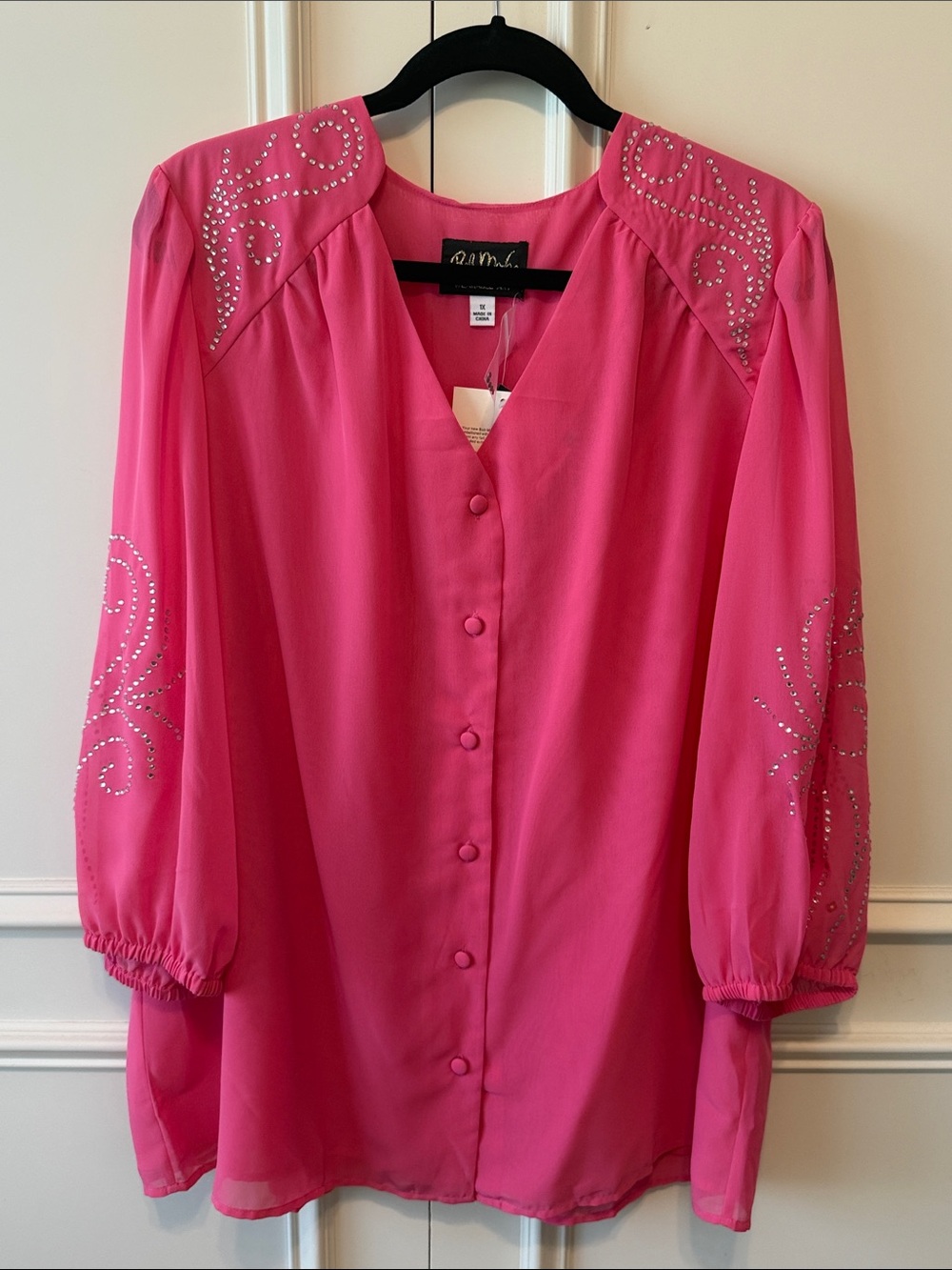 Bob Mackie Hot Pink Rhinestone-Embellished Button-Front Blouse